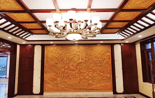 寿宁中式别墅客厅中式木作横梁吊顶装饰展示