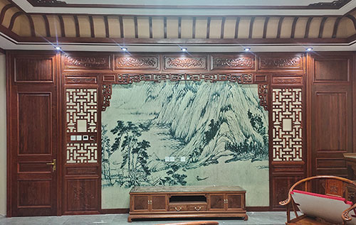 寿宁中式仿古别墅客厅背景墙花格木作装饰